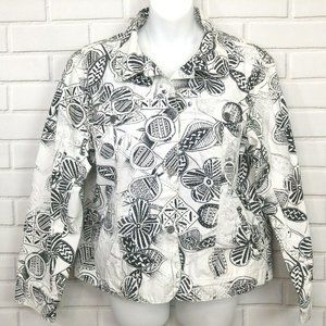 Chicos Black White Jean Jacket Denim Sequined Size 2 Abstract Floral Graphic